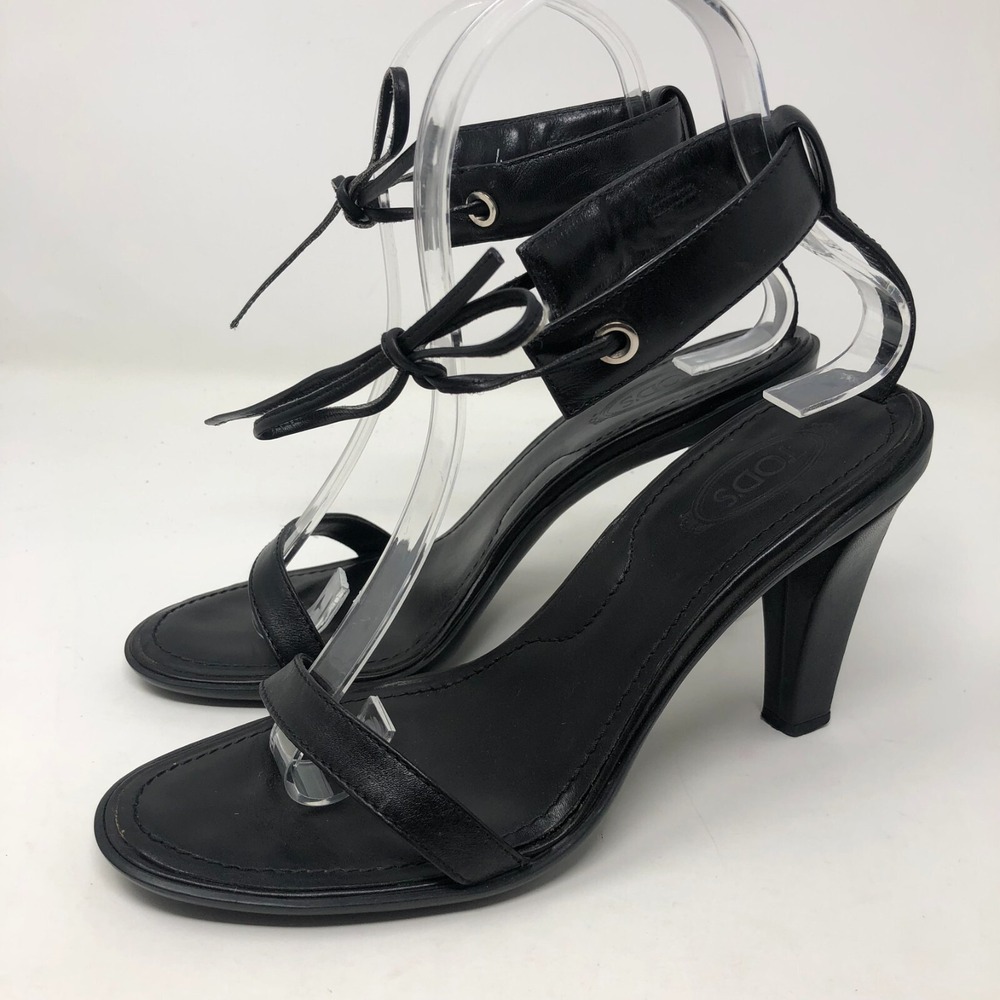 Tods Leather High Heel Sandal Womens 7 Front Tie Ankle Strap Open Toe Whimsigoth